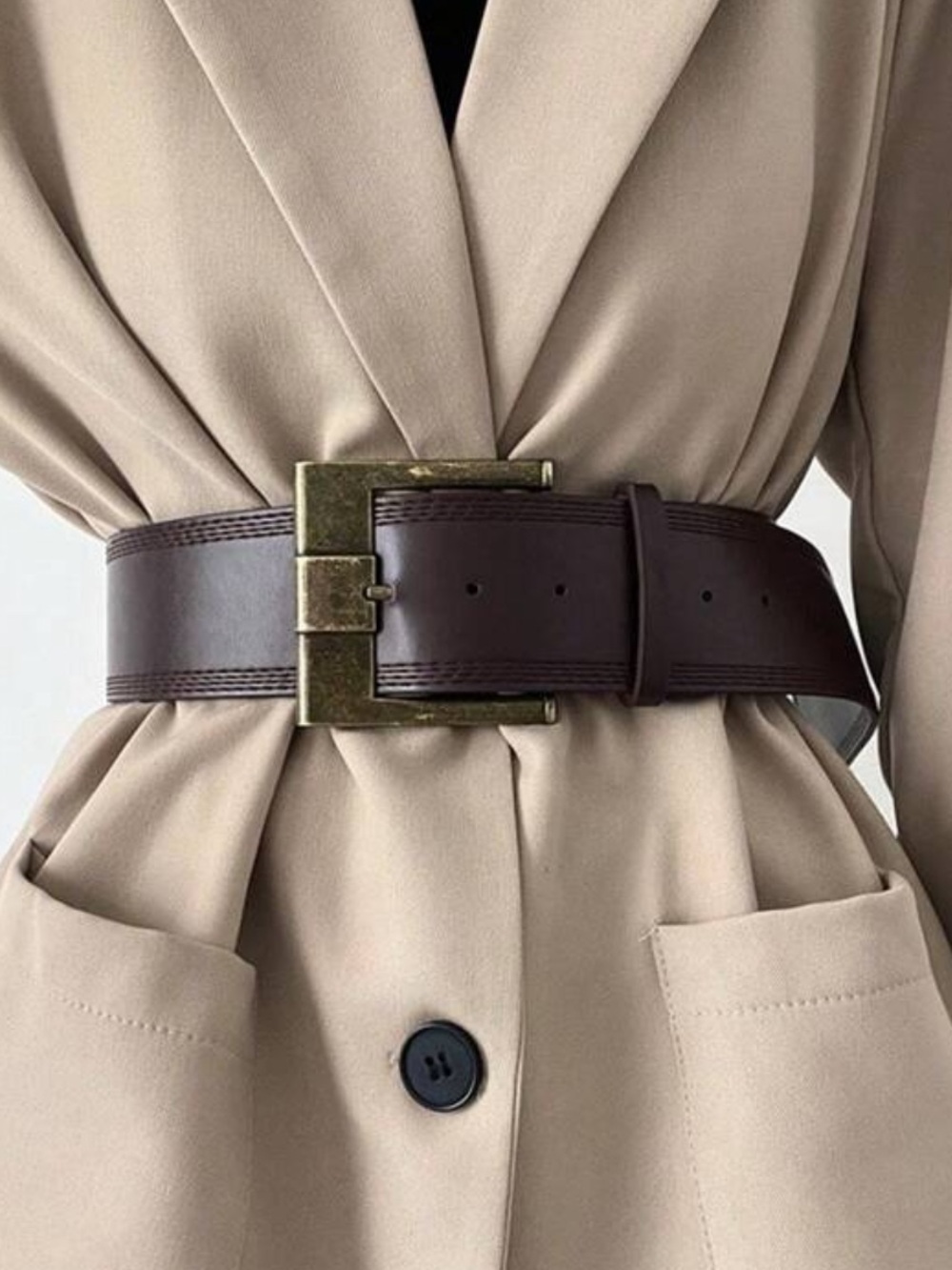 Classic Wide Brown Leather Waist Belt with Antique Gold Buckle